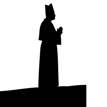 solemn robed figure in prayer pose with tall mitre hat, monochrome black and white flat silhouette vector
