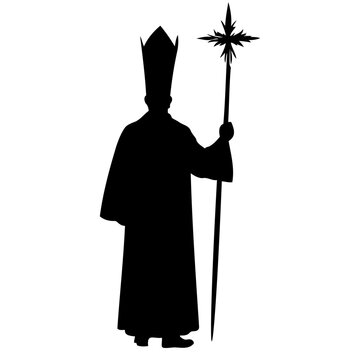 solemn bishop silhouette in mitre and robe holding star-topped staff, monochrome flat vector line art