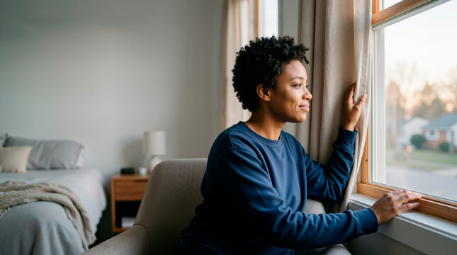 Young Black woman opening curtains and looking out the window. Smiling African American female sitting in bedroom chair in the morning. Copy space for text