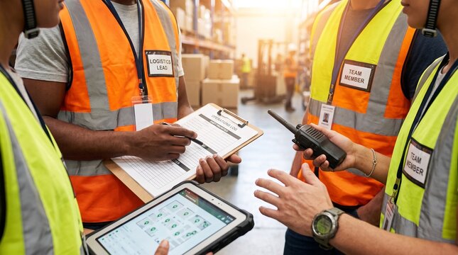Close Up of Warehouse Logistics Team Checking Inventory with Tablet and Clipboard