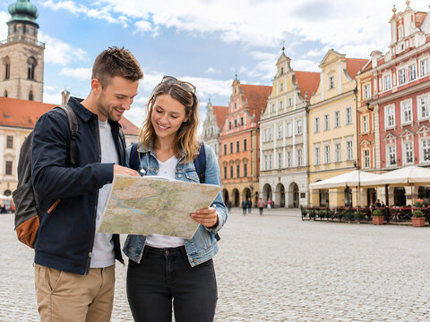 Tourist Couple Reading Map in Historic European Square