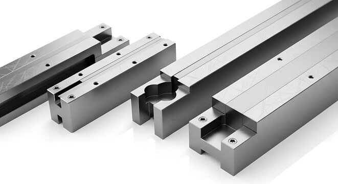 Industrial metal parts on white background.