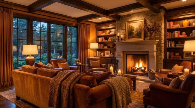 Rustic luxury living room featuring lit fireplace and library shelves.