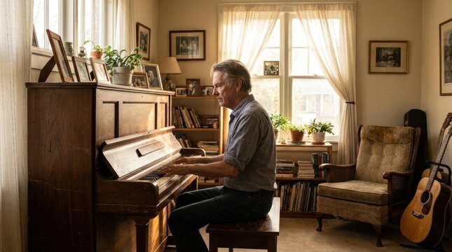 Senior man playing piano in a cozy home library.