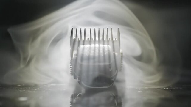 Close up of electric hair clippers with swirling smoke dramatic lighting