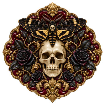 Gothic Skull with Death's-Head Hawkmoth Black Roses and Ornate Golden Frame