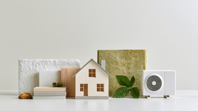 Minimal energy renovation showcase with house model and insulation materials on white surface Generative AI