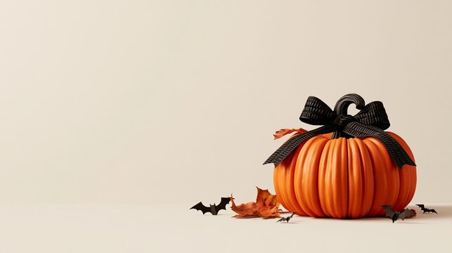 Modern Halloween decoration with pumpkin and autumn details on a cream background Generative AI