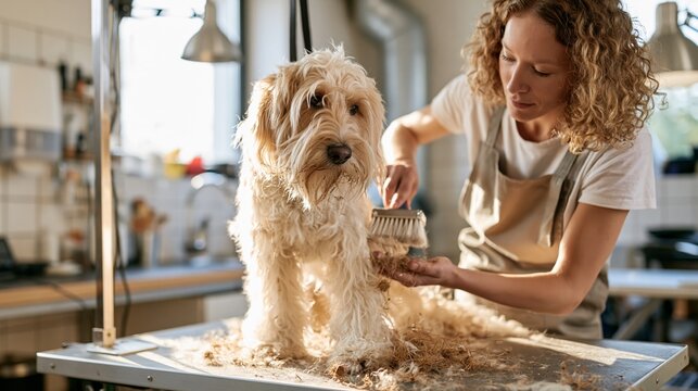 Groomer brushes long-haired dog after summer at busy pet grooming salon in bright workspace Generative AI