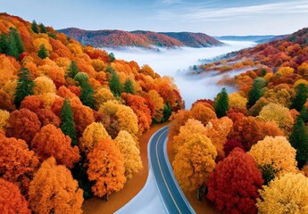 Fototapeta premium Autumn forest aerial view with winding road and morning fog over colorful valley
