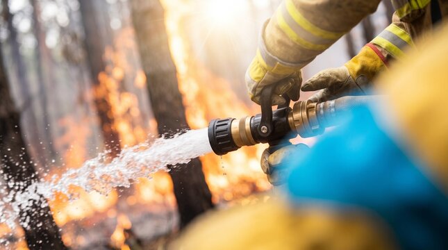 Emergency Firefighter Spraying Water at Blazing Forest Fire During Wildfire Season