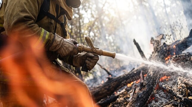 Emergency Firefighter Spraying Water at Blazing Forest Fire During Wildfire Season