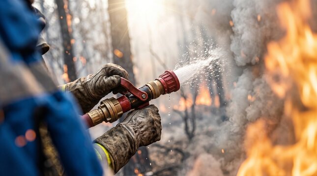 Emergency Firefighter Spraying Water at Blazing Forest Fire During Wildfire Season