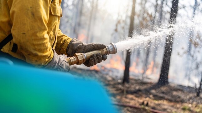 Emergency Firefighter Spraying Water at Blazing Forest Fire During Wildfire Season