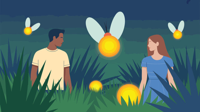Young couple standing in a field with glowing fireflies at night