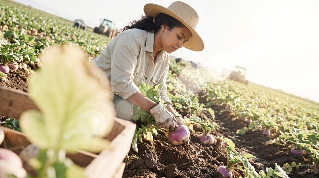 Agricultural Worker Harvesting Fresh Turnips by Hand in Vegetable Crop Field