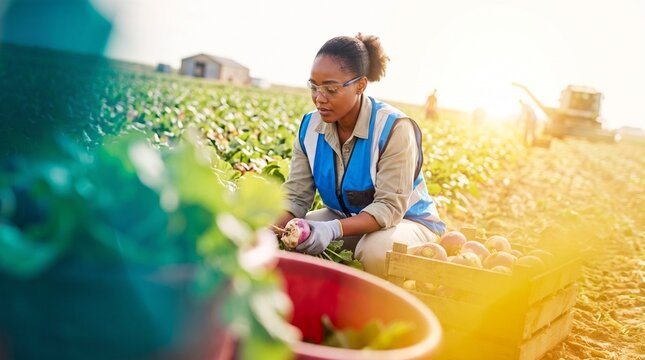 Agricultural Worker Harvesting Fresh Turnips by Hand in Vegetable Crop Field
