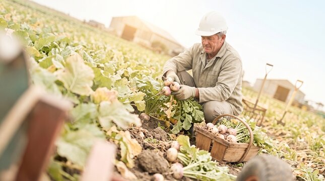 Agricultural Worker Harvesting Fresh Turnips by Hand in Vegetable Crop Field