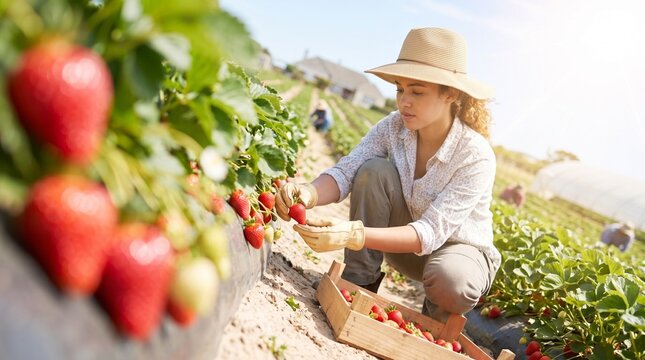 Farm Worker Harvesting Sweet Red Strawberries into Crates on Sunny Summer Day