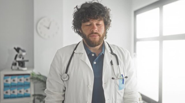 Man doctor in white lab coat with stethoscope pinching bridge of nose and rubbing eyes in building; fatigue concern.