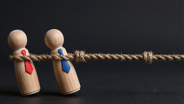 Two wooden figures tied by rope, symbolizing connection or constraint.