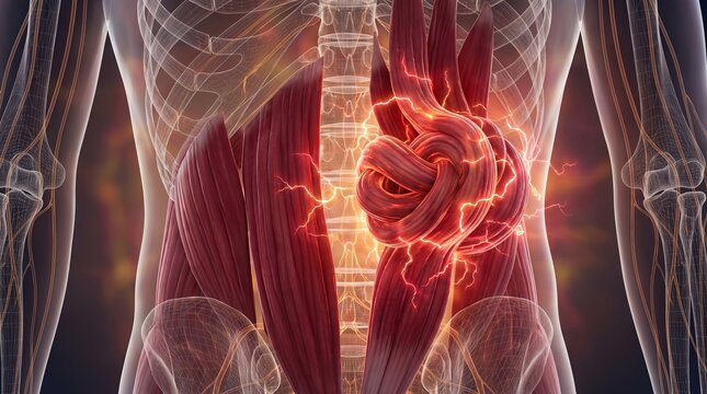 3D Medical Visualization of Bulging Knotted Back Muscle with Intense Glowing Pain Arcs