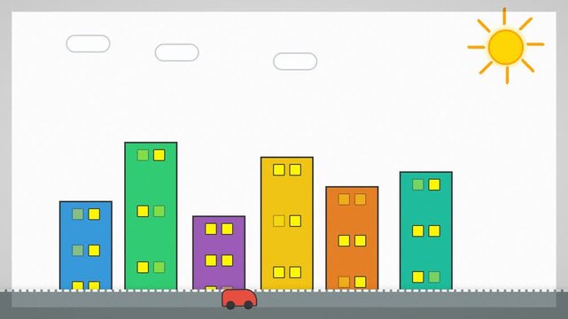 Simple 2D Cartoon Animation of a Red Car Driving Past Colorful City Buildings Under a Bright Sun.