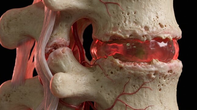 3D Medical Visualization of Spinal Facet Joint Osteoarthritis with Red Inflamed Synovial Capsule