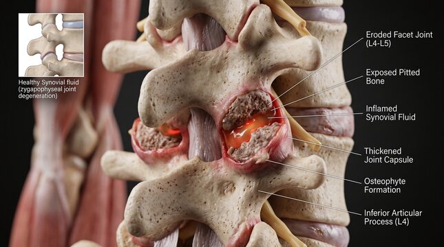 Detailed Labeled 3D Medical Diagram of L4-L5 Facet Joint Osteoarthritis and Osteophyte Formation