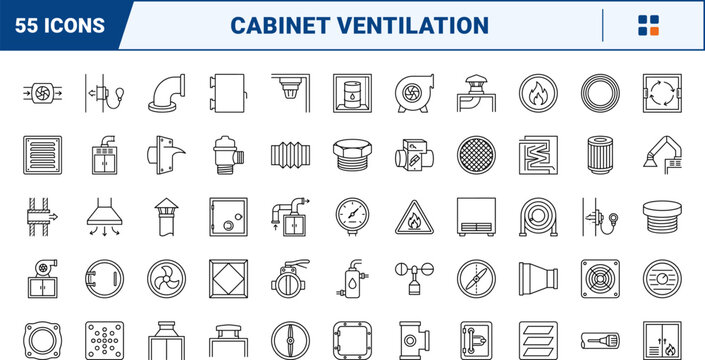 Flammable Cabinet Vent line icon set. Vector pictograms of safety, ventilation, chemical, and storage elements, thin linear illustration.