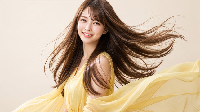 イエロードレスを着て透明感のある笑顔を見せる20代女性（コスメ・スキンケア・ビューティー広告イメージ）