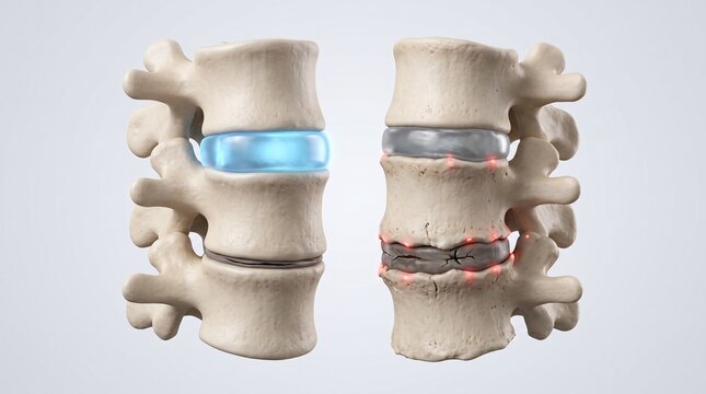 Side by Side Comparison of Healthy Hydrated Spine Disc and Degenerated Vertebrae