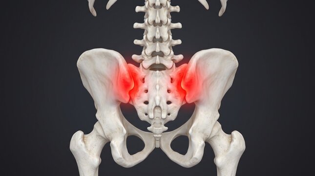 3D Medical Render of Human Pelvis Skeleton with Diffuse Red Inflammation in Bilateral SI Joints