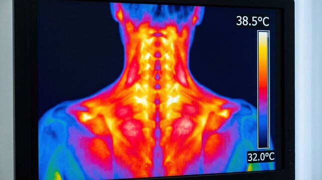 Hospital Diagnostic Monitor Displaying Thermal Scan of Cervical Spine and Trapezius Hyperthermia