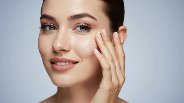 Radiant Beauty: A woman with flawless skin and a gentle smile touches her cheek, showcasing a luminous complexion and the delicate application of skincare.