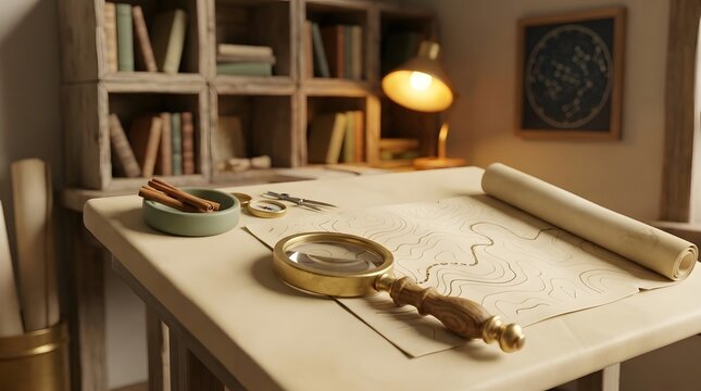 Vintage explorer study desk with magnifying glass scroll map antique books lamp and cartography tools.