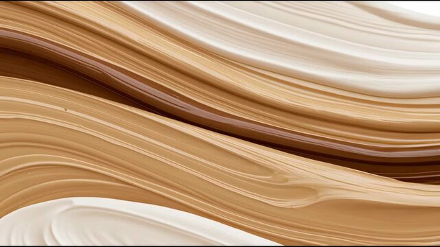 Cream and caramel paint mix together in slow movements, forming silky ribbons on a white surface in an art studio.