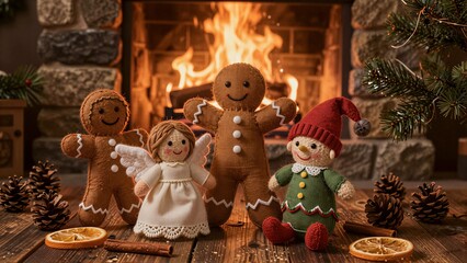 Fototapeta premium Cozy Christmas scene with gingerbread figures, angel, and elf by fireplace.