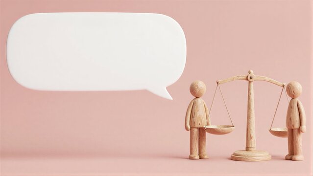 Wooden figures stand beside a scale, with an empty speech bubble above.