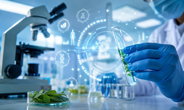 AI generated plant biotechnology research test tube microscope DNA interface laboratory analysis for genetics agriculture science innovation