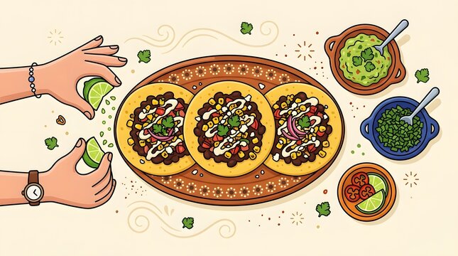 Traditional Mexican Tostadas and Tacos with Guacamole Salsa and Hands Squeezing Fresh Lime Juice