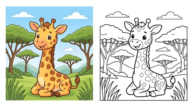 Cute Cartoon Giraffe Standing in a Grassy Park Wildlife Nature Vector Illustration