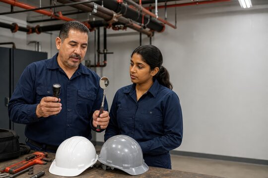 Fire Sprinkler Inspection Training Technician Demonstrates a Safe PPE and Tool Check to One Average Build Adult Apprentice