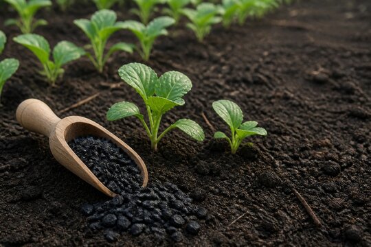 Biochar soil amendment beside young vegetable seedlings