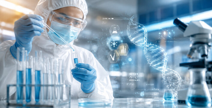 AI generated scientist using pipette DNA hologram test tubes for biotechnology genetics laboratory research diagnostics medical innovation