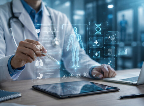 AI generated doctor using tablet holographic human anatomy medical data interface for digital healthcare diagnostics innovative medical technology