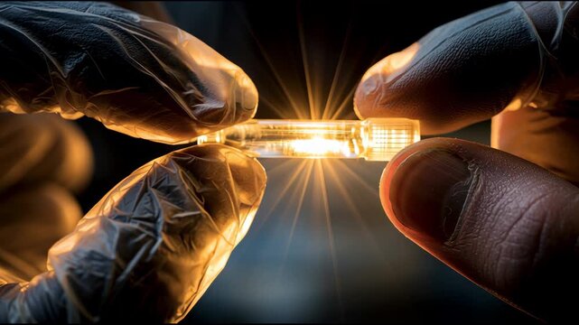 Hands in gloves examine a bright capsule in a dark place. The light from the capsule creates a strong glow, revealing details of the experiment.