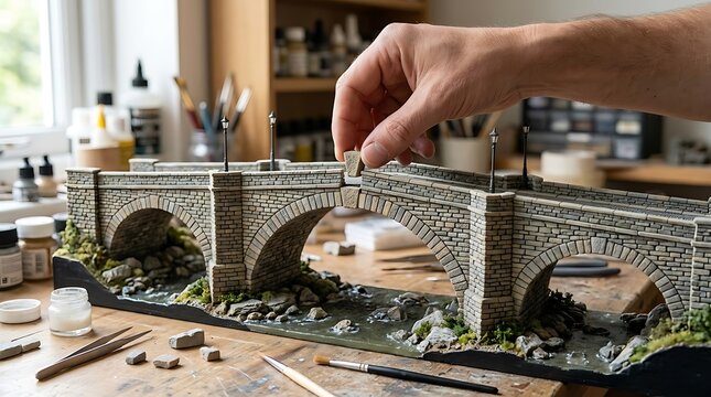 Hand building a detailed miniature stone arch bridge model on a workbench