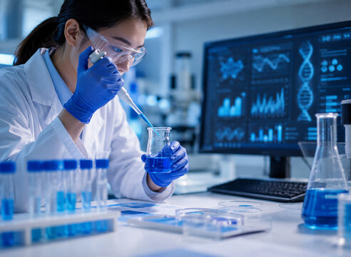 AI generated scientist using pipette blue liquid DNA data display for biotechnology laboratory research genetics analysis medical innovation