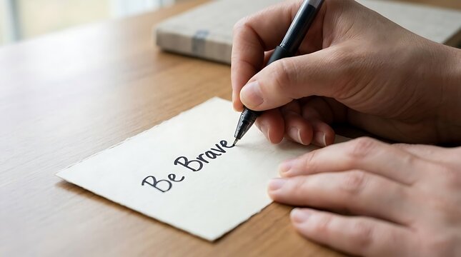 Hand writing the phrase Be Brave on paper with a black pen at a desk